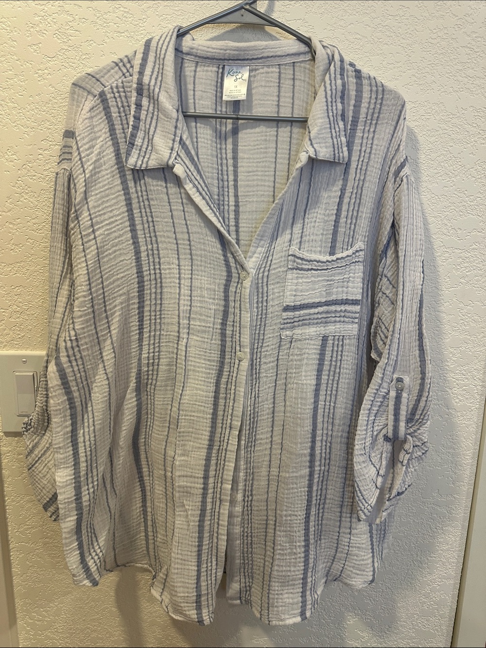 Kona Sol Light Blue and White Striped Casual Button-Down Shirt